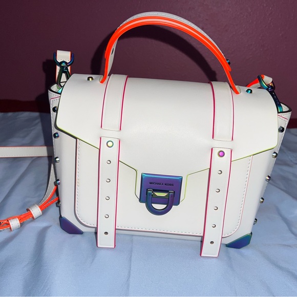 Michael Kors Manhattan White Satchel with Rainbow Accents - Picture 2 of 6